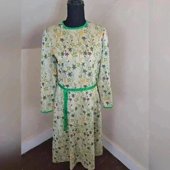 GOLDWORM Wool Knit Vintage Dress Metallic Green Floral Size S - Picture 3 of 15
